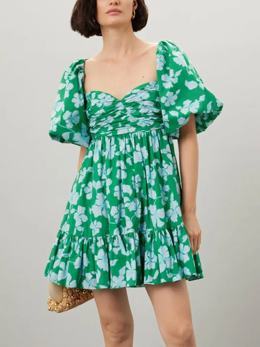 AMUR Martine Cotton Green Floral Puff Sleeve Mini Dress Size 16